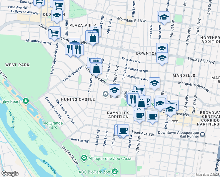 map of restaurants, bars, coffee shops, grocery stores, and more near 1228 Central Avenue Southwest in Albuquerque
