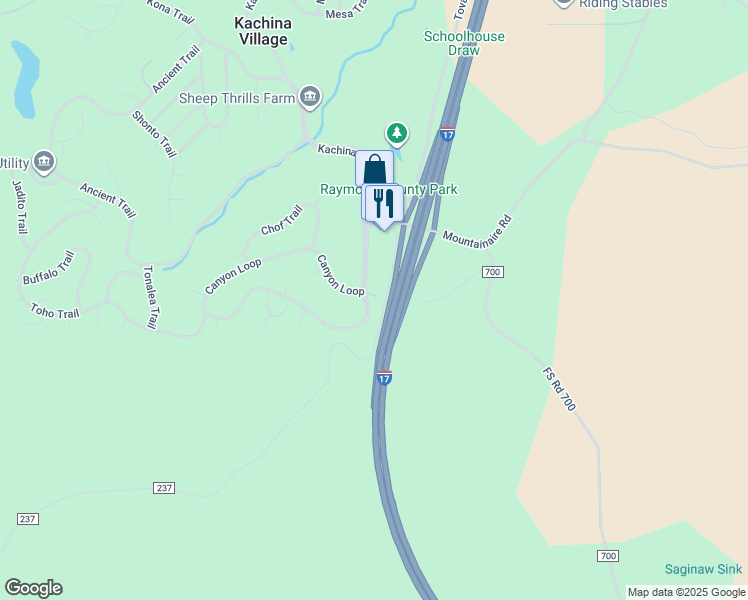 map of restaurants, bars, coffee shops, grocery stores, and more near 3608 Kachina Trail in Flagstaff
