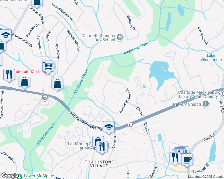 map of restaurants, bars, coffee shops, grocery stores, and more near 8612 Aberdeen Wood Court in Charlotte