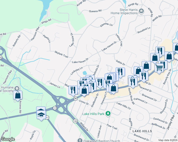 map of restaurants, bars, coffee shops, grocery stores, and more near 3601 Locksley Circle in Chattanooga