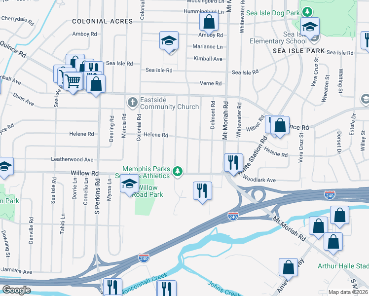 map of restaurants, bars, coffee shops, grocery stores, and more near 1601 Ivy Road in Memphis