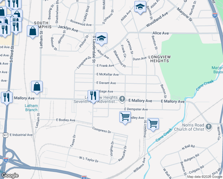 map of restaurants, bars, coffee shops, grocery stores, and more near 631 East Davant Avenue in Memphis
