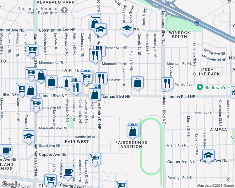 map of restaurants, bars, coffee shops, grocery stores, and more near 6501 Lomas Boulevard Northeast in Albuquerque