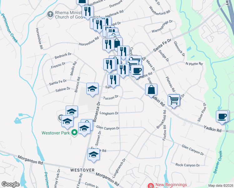 map of restaurants, bars, coffee shops, grocery stores, and more near 5015 Santa Fe Drive in Fayetteville