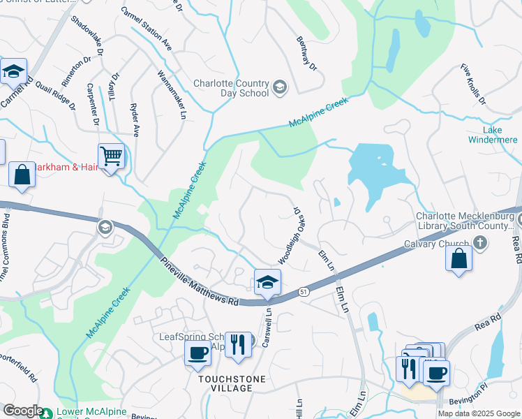 map of restaurants, bars, coffee shops, grocery stores, and more near 8612 Aberdeen Wood Court in Charlotte