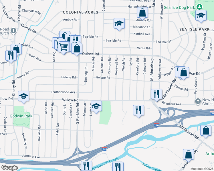 map of restaurants, bars, coffee shops, grocery stores, and more near 1617 Raymore Road in Memphis