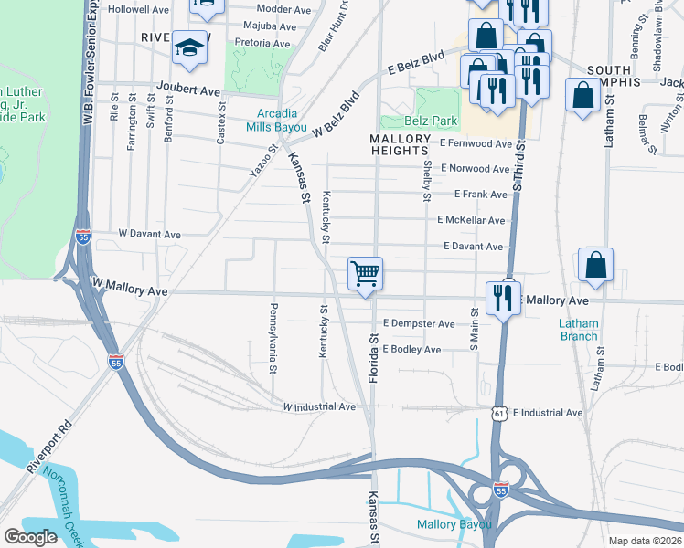 map of restaurants, bars, coffee shops, grocery stores, and more near 46 West Gage Avenue in Memphis