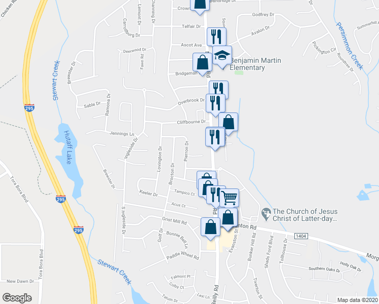 map of restaurants, bars, coffee shops, grocery stores, and more near 6512 Delliert Court in Fayetteville