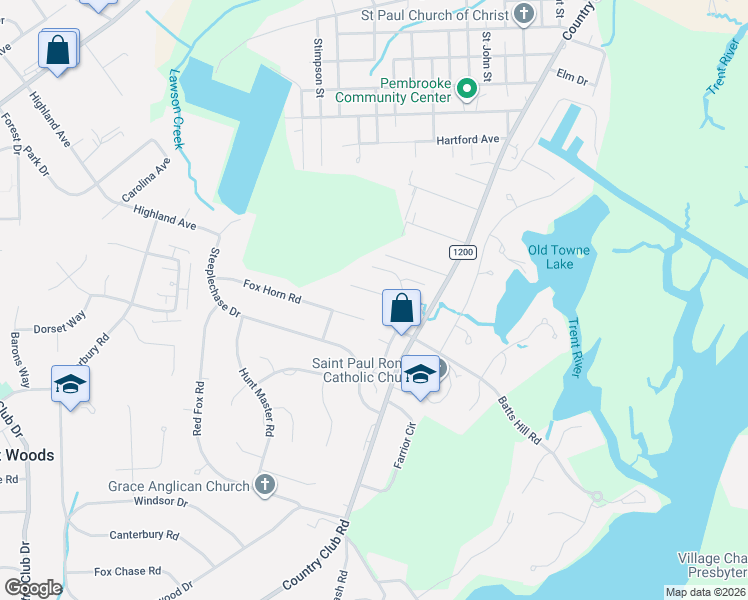 map of restaurants, bars, coffee shops, grocery stores, and more near 104 Kaitlyn Lane in Trent Woods