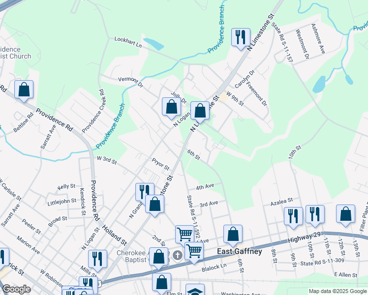 map of restaurants, bars, coffee shops, grocery stores, and more near North Limestone Street in Gaffney