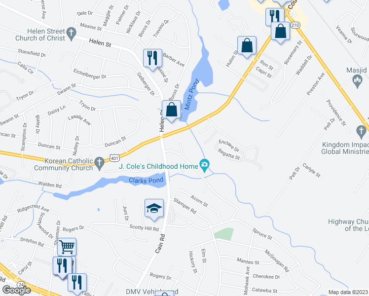 map of restaurants, bars, coffee shops, grocery stores, and more near 1506 Woodberry Lane in Fayetteville