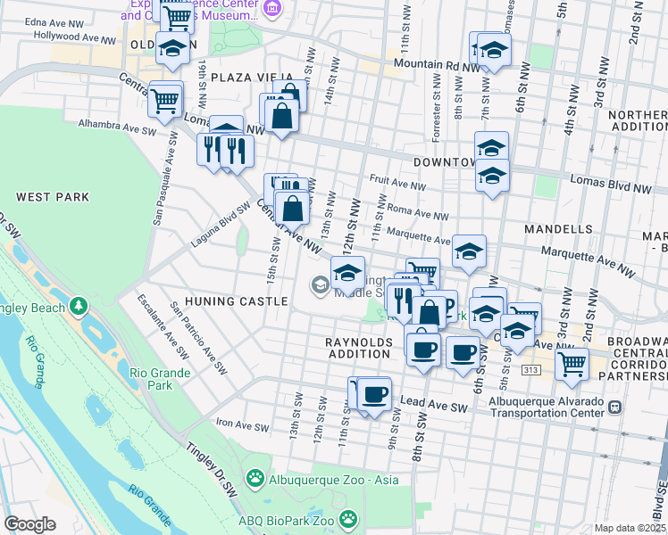 map of restaurants, bars, coffee shops, grocery stores, and more near 1210 Central Avenue Northwest in Albuquerque