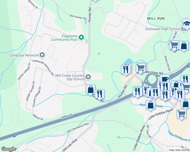 map of restaurants, bars, coffee shops, grocery stores, and more near 8817 Windhaven Road in Ooltewah