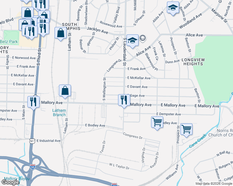 map of restaurants, bars, coffee shops, grocery stores, and more near 537 East Davant Avenue in Memphis