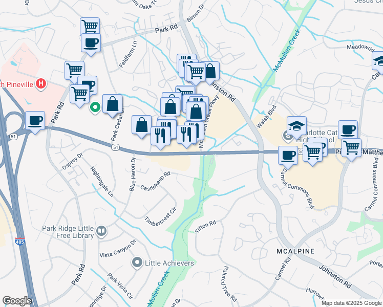 map of restaurants, bars, coffee shops, grocery stores, and more near 8300 Pineville-Matthews Rd in Charlotte