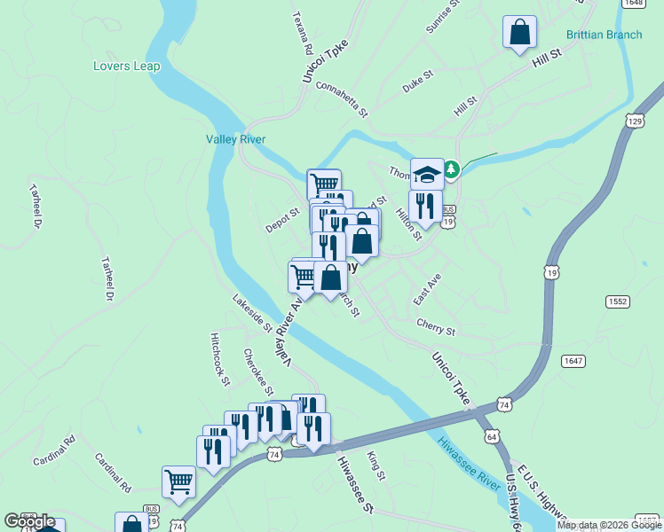 map of restaurants, bars, coffee shops, grocery stores, and more near 504 Valley River Avenue in Murphy