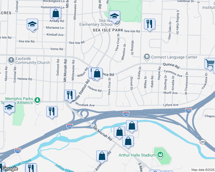 map of restaurants, bars, coffee shops, grocery stores, and more near 1576 South White Station Road in Memphis