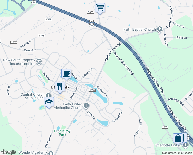 map of restaurants, bars, coffee shops, grocery stores, and more near 3911 Faith Church Road in Indian Trail