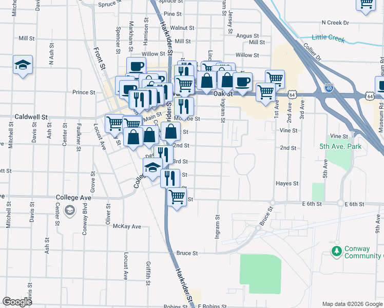 map of restaurants, bars, coffee shops, grocery stores, and more near 619 2nd Street in Conway
