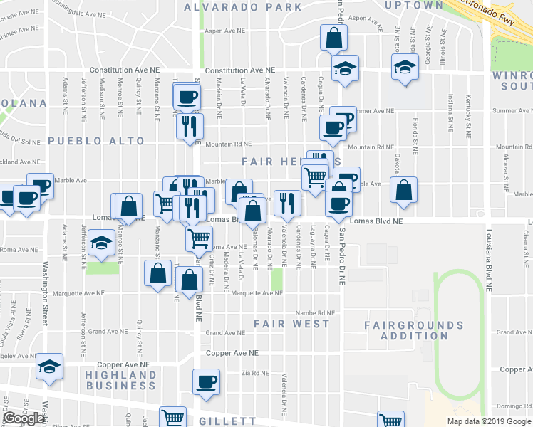map of restaurants, bars, coffee shops, grocery stores, and more near 1005 Alvarado Drive Northeast in Albuquerque