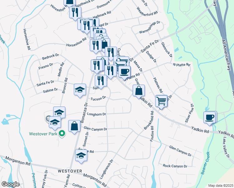 map of restaurants, bars, coffee shops, grocery stores, and more near 5436 Wichita Drive in Fayetteville