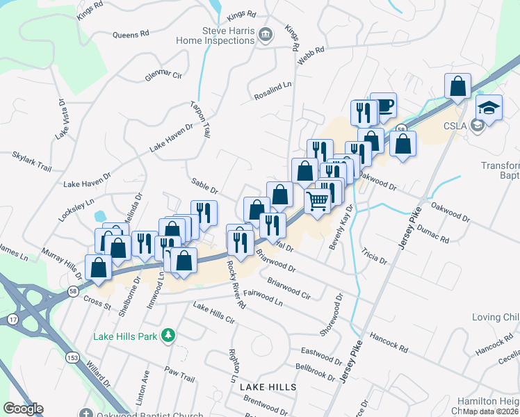 map of restaurants, bars, coffee shops, grocery stores, and more near 4632 Trailwood Drive in Chattanooga