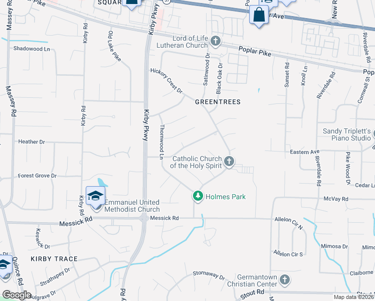 map of restaurants, bars, coffee shops, grocery stores, and more near 6796 Tangleberry Lane in Memphis