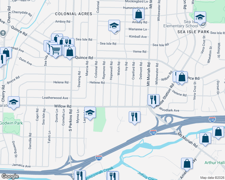 map of restaurants, bars, coffee shops, grocery stores, and more near 1600 Hopewell Road in Memphis