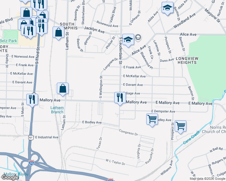 map of restaurants, bars, coffee shops, grocery stores, and more near 537 East Davant Avenue in Memphis