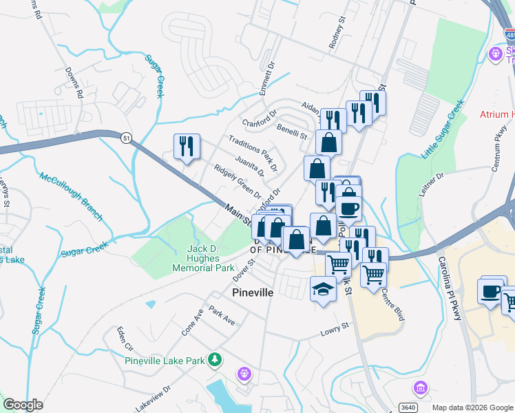 map of restaurants, bars, coffee shops, grocery stores, and more near in Pineville