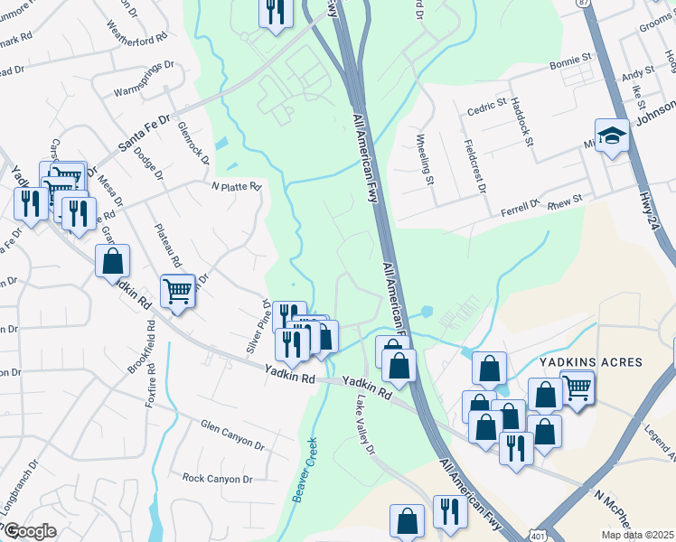 map of restaurants, bars, coffee shops, grocery stores, and more near 5125 Lake Valley Drive in Fayetteville