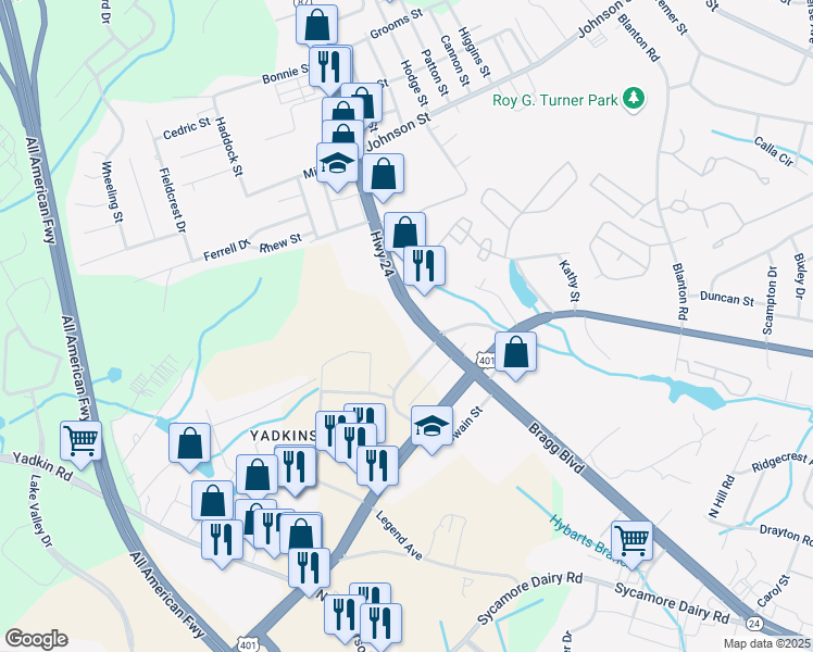 map of restaurants, bars, coffee shops, grocery stores, and more near 4633 Bragg Boulevard in Fayetteville