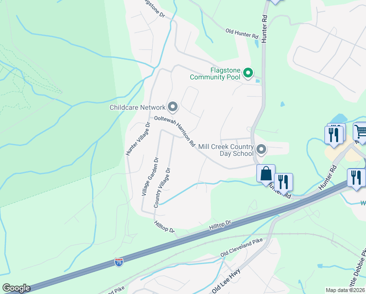 map of restaurants, bars, coffee shops, grocery stores, and more near 8418 Rosetree Drive in Ooltewah