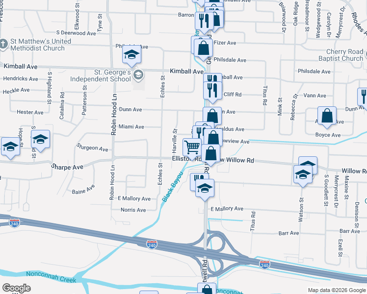 map of restaurants, bars, coffee shops, grocery stores, and more near 1601 Stribling Street in Memphis
