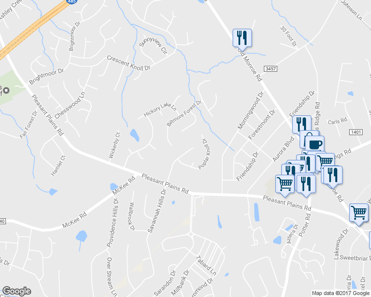 map of restaurants, bars, coffee shops, grocery stores, and more near 3625 Savannah Hills Drive in Matthews