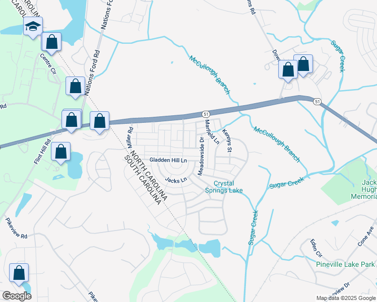 map of restaurants, bars, coffee shops, grocery stores, and more near 1213 Cedar Park Drive in Pineville