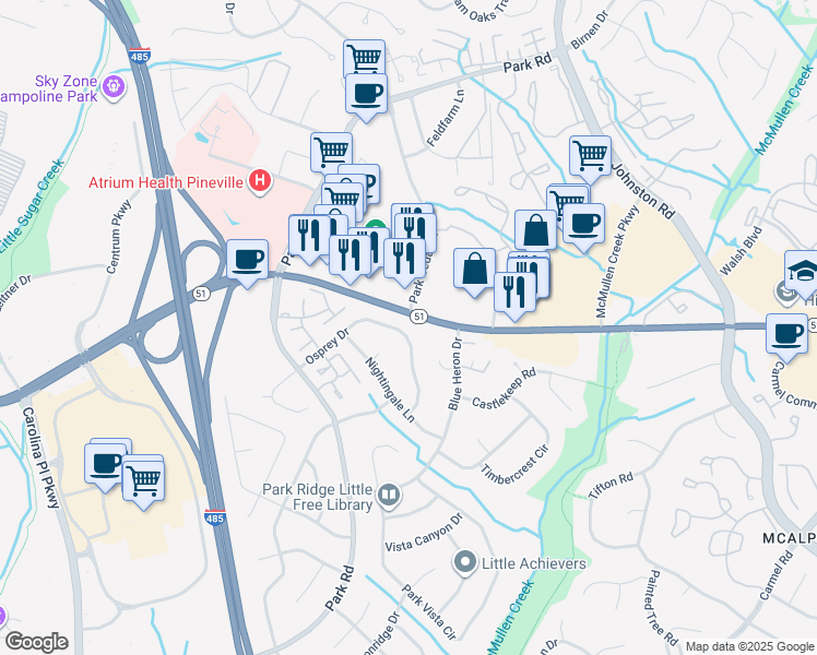 map of restaurants, bars, coffee shops, grocery stores, and more near 10813 Osprey Drive in Charlotte
