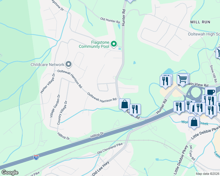 map of restaurants, bars, coffee shops, grocery stores, and more near 8618 Hunter Woods Drive in Ooltewah