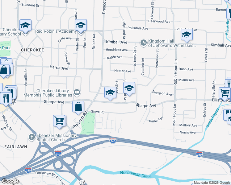 map of restaurants, bars, coffee shops, grocery stores, and more near 1585 Hope Street in Memphis