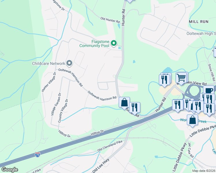 map of restaurants, bars, coffee shops, grocery stores, and more near 8608 Hunter Woods Drive in Ooltewah