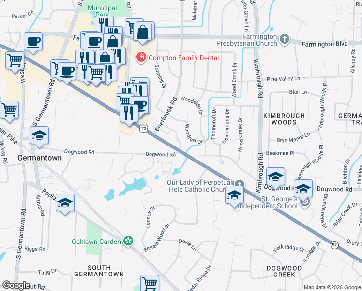 map of restaurants, bars, coffee shops, grocery stores, and more near 7967 Farnifold Drive in Germantown