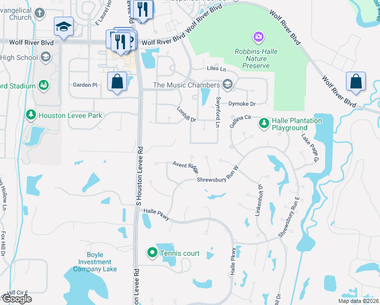 map of restaurants, bars, coffee shops, grocery stores, and more near 1729 Patton Place Cove in Collierville
