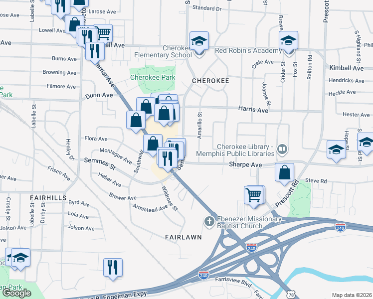 map of restaurants, bars, coffee shops, grocery stores, and more near 1606 Semmes Street in Memphis