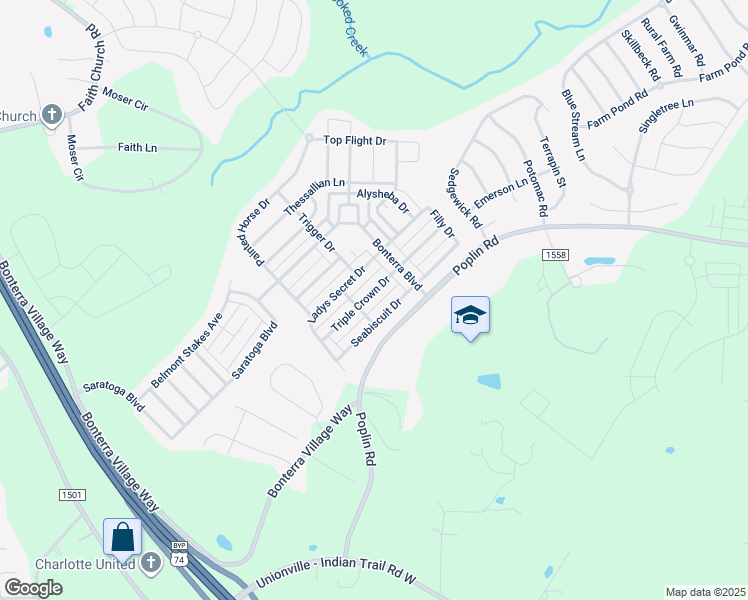 map of restaurants, bars, coffee shops, grocery stores, and more near 2011 Triple Crown Drive in Indian Trail
