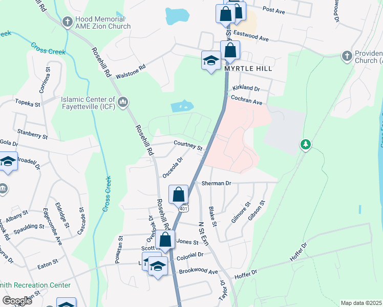 map of restaurants, bars, coffee shops, grocery stores, and more near 2080 Osceola Drive in Fayetteville