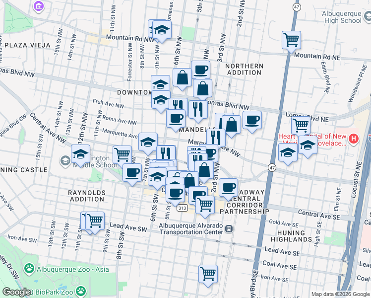 map of restaurants, bars, coffee shops, grocery stores, and more near 1 Civic Plaza in Albuquerque