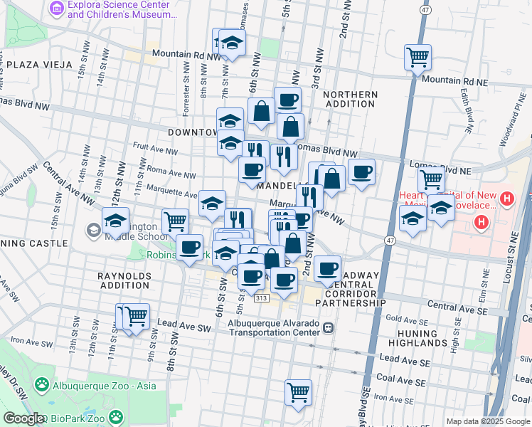 map of restaurants, bars, coffee shops, grocery stores, and more near 1 Civic Plaza in Albuquerque