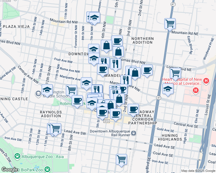 map of restaurants, bars, coffee shops, grocery stores, and more near in Albuquerque