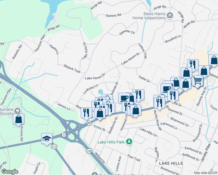map of restaurants, bars, coffee shops, grocery stores, and more near 3601 Locksley Circle in Chattanooga