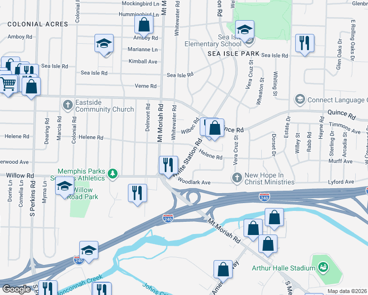 map of restaurants, bars, coffee shops, grocery stores, and more near 5060 Helene Road in Memphis